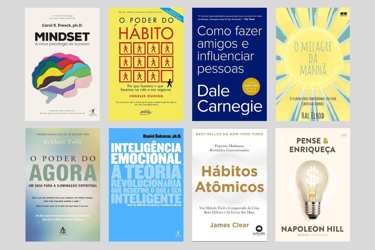 Capa dos melhores livros de desenvolvimento pessoal, incluindo O Poder do Hábito, Mindset, Como fazer amigos e influenciar pessoas, O milagre da manhã, O poder do agora, Hábitos Atômicos.