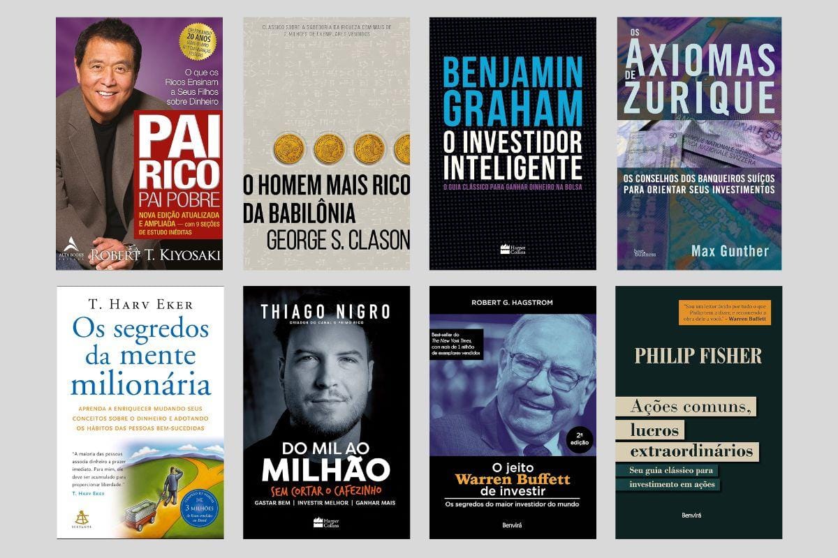 Capas dos melhores livros para investidores iniciantes, incluindo Pai Rico Pai Pobre, O Homem Mais Rico da Babilônia, O Investidor Inteligente e Os Axiomas de Zurique e outros.