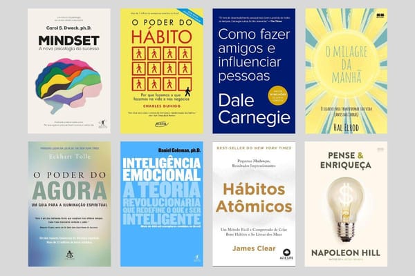 Capa dos melhores livros de desenvolvimento pessoal, incluindo O Poder do Hábito, Mindset, Como fazer amigos e influenciar pessoas, O milagre da manhã, O poder do agora, Hábitos Atômicos.